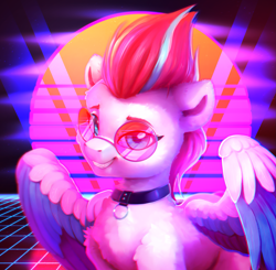 Size: 1949x1908 | Tagged: safe, artist:itssim, zipp storm, pegasus, pony, g5, accessory, adorazipp, bust, choker, chromatic aberration, colored wings, commission, cute, cyberpunk, female, fluffy, glitch, grid, mane, mare, multicolored hair, multicolored mane, multicolored wings, neon, outrun, partially open wings, retrowave, smiling, smug, solo, sun, sunglasses, synthwave, vhs, wings