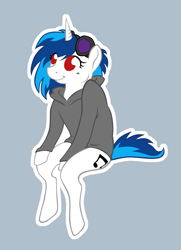 Size: 893x1236 | Tagged: safe, artist:krewcia, dj pon-3, vinyl scratch, pony, unicorn, g4, clothes, female, hoodie, horn, no pupils, red eyes, sitting, solo, wrong eye color