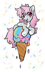 Size: 1783x2865 | Tagged: safe, artist:opalacorn, oc, oc only, oc:scoops, pony, unicorn, chest fluff, commission, eye clipping through hair, eyebrows, eyebrows visible through hair, female, food, high res, horn, ice cream, ice cream cone, looking at you, lying down, mare, open mouth, open smile, ponies in food, prone, simple background, smiling, smiling at you, solo, sprinkles, unicorn oc, white background