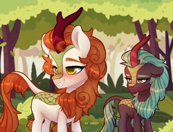 Size: 2496x1904 | Tagged: safe, artist:shelti, autumn blaze, cinder glow, summer flare, kirin, g4, blushing, cinder glow is not amused, duo, duo female, female, forest, frown, grin, high res, horn, nature, outdoors, signature, smiling, tail, tree, unamused