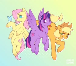 Size: 2560x2233 | Tagged: safe, artist:kuroikamome, part of a set, applejack, fluttershy, twilight sparkle, alicorn, butterfly, earth pony, pegasus, pony, g4, applejack's hat, blonde mane, blonde tail, blue eyes, colored hooves, cowboy hat, ear fluff, eyelashes, female, flying, gradient background, green eyes, hat, lidded eyes, mare, multicolored mane, multicolored tail, narrowed eyes, no pupils, orange coat, pink mane, pink tail, ponytail, purple coat, purple eyes, raised hoof, signature, smiling, spread wings, tail, tied tail, trio, trio female, twilight sparkle (alicorn), wings, wings down, yellow coat, yellow mane, yellow tail