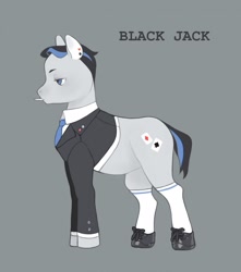 Size: 1129x1280 | Tagged: safe, artist:kuroikamome, oc, oc only, oc:black jack, earth pony, pony, adoptable, black mane, black tail, blue eyes, cigarette, clothes, colored pinnae, concave belly, ear piercing, earring, earth pony oc, gray background, gray coat, hoof shoes, jewelry, lidded eyes, male, mouth hold, narrowed eyes, piercing, profile, short mane, short tail, simple background, socks, solo, stallion, standing, tail, text, tuxedo, two toned mane, two toned tail