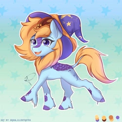 Size: 5000x5000 | Tagged: safe, artist:orion_illustrates, oc, oc only, oc:whimsy charm, kirin, pony, comic:tales of the unseen, g4, cloven hooves, gradient background, hat, kirin oc, leonine tail, looking at you, magician outfit, patterned background, scales, smiling, smiling at you, solo, tail