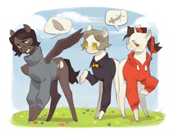 Size: 1280x987 | Tagged: oc name needed, safe, artist:kuroikamome, oc, oc only, oc:noir, oc:rosehip (kuroikamome), earth pony, pegasus, pony, unicorn, blue sky, bowtie, brown coat, brown mane, brown tail, button-up shirt, clothes, cloud, dress shirt, earth pony oc, flower, frown, glasses, grass, gray eyes, hoodie, horn, lidded eyes, looking down, no mouth, one wing out, pegasus oc, ponytail, raised hoof, red eyes, round glasses, shirt, short mane, sky, smiling, speech bubble, standing, sweater, tail, talking, trio, turtleneck, two toned mane, unicorn oc, white coat, wings, yellow eyes