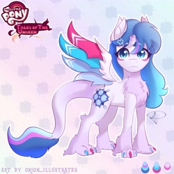 Size: 5000x5000 | Tagged: safe, artist:orion_illustrates, oc, oc only, oc:aurora harmony flower, hybrid, pony, comic:tales of the unseen, broken horn, chest fluff, claws, colored wings, fluffy, gradient background, hairclip, horn, long mane, multicolored wings, patterned background, solo, spread wings, wings