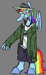 Size: 734x1200 | Tagged: dead source, safe, artist:love2gruel, rainbow dash, pegasus, anthro, g4, baseball cap, cap, clothes, female, gray background, hat, jacket, shorts, simple background, solo