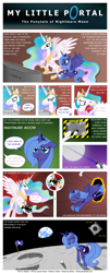 Size: 1500x3726 | Tagged: safe, artist:br0ny, princess celestia, princess luna, alicorn, pony, g4, artifact, butt, comic, crying, female, mare, moon, plot, portal, portal (valve), portal gun, princess, royal sisters, s1 luna, siblings, sisters, space core, spread wings, to the moon, wings