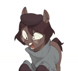 Size: 1280x1175 | Tagged: oc name needed, safe, artist:kuroikamome, oc, oc only, earth pony, pony, angry, beret, brown coat, brown eyes, brown mane, brown tail, clothes, colored hooves, ear piercing, earring, earth pony oc, glasses, hat, jewelry, male, narrowed eyes, open mouth, piercing, raised hooves, short mane, short tail, simple background, solo, stallion, sweater, tail, teeth, white background, yelling