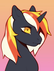 Size: 972x1280 | Tagged: safe, artist:kuroikamome, oc, oc only, oc:velvet remedy, pony, unicorn, fallout equestria, black coat, bust, female, frown, gradient background, horn, mare, multicolored mane, portrait, unicorn horn, unicorn oc, wingding eyes, yellow eyes