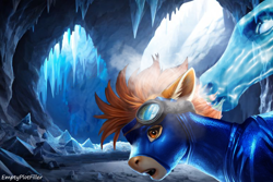 Size: 1152x768 | Tagged: safe, ai assisted, ai content, artist:emptyplotfiller, spitfire, windigo, fanfic:crossing the trixie bridge:a new life in the crystal empire, g4, blindfold, cave, clothes, detailed background, flight suit, goggles, mount everhoof