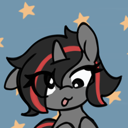 Size: 1280x1280 | Tagged: safe, artist:seylan, oc, oc only, pony, unicorn, :p, cross-eyed, digital art, female, horn, one ear down, simple background, solo, stars, tongue out