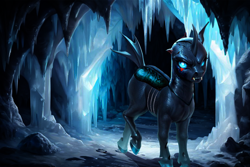 Size: 1152x768 | Tagged: safe, ai assisted, ai content, artist:emptyplotfiller, thorax, changeling, fanfic:crossing the trixie bridge:a new life in the crystal empire, g4, cave, injured, mount everhoof, solo, torn ear