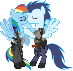 Size: 828x801 | Tagged: safe, artist:bobthelurker, artist:edy_january, edit, vector edit, rainbow dash, soarin', pegasus, pony, g4, aek 971s, aks-74u, armor, assault rifle, body armor, boots, call of duty, call of duty: warzone, clothes, denim, duo, eyes closed, female, flying, gun, handgun, jeans, kissing, love, male, military, pants, pistol, rifle, romance, romantic, s.t.a.l.k.e.r., ship:soarindash, shipping, shirt, shoes, simple background, smooch, soldier, soldier pony, special forces, stalker, straight, tactical vest, task forces 141, transparent background, united states, vector, vest, weapon