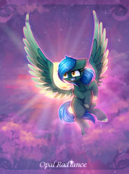 Size: 2200x2971 | Tagged: safe, artist:opal_radiance, oc, oc only, oc:distant skies, pegasus, pony, commission, female, flying, grin, high res, mare, pegasus oc, smiling, solo, spread wings, wings, ych result