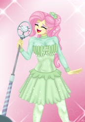 Size: 2835x4096 | Tagged: safe, artist:lennondash, fluttershy, human, equestria girls, g4, my little pony equestria girls: better together, so much more to me, breasts, busty fluttershy, clothes, cute, dress, eyes closed, female, fluttershy day, microphone, open mouth, open smile, shyabetes, singing, smiling, solo