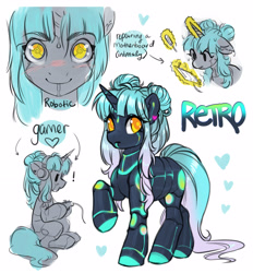 Size: 3201x3451 | Tagged: safe, artist:opalacorn, oc, oc only, oc:retro, pony, robot, robot pony, unicorn, controller, dexterous hooves, female, floating heart, glowing, glowing horn, headphones, heart, hoof hold, horn, levitation, magic, mare, simple background, smiling, solo, telekinesis, white background