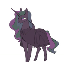 Size: 1249x1280 | Tagged: safe, artist:kuroikamome, oc, oc only, oc:lacunae, alicorn, pony, fallout equestria, fallout equestria: project horizons, alicorn oc, artificial alicorn, blank stare, cloak, clothes, fanfic art, female, hidden wings, horn, long horn, mare, multicolored eyes, multicolored mane, multicolored tail, purple alicorn (fo:e), red coat, simple background, solo, tail, thin legs, wavy mane, wavy tail, white background, wingding eyes, wings