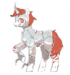 Size: 1183x1280 | Tagged: safe, artist:kuroikamome, oc, oc only, oc:rampage, earth pony, fallout equestria, fallout equestria: project horizons, armor, coat markings, earth pony oc, fanfic art, helmet, horned helmet, leg fluff, looking back, male, profile, raised hoof, red eyes, red mane, red tail, simple background, smiling, solo, stallion, standing, stripes, tail, white background, white coat