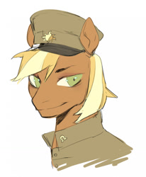 Size: 1056x1280 | Tagged: safe, artist:kuroikamome, oc, oc only, oc:calamity, pegasus, fallout equestria, blonde mane, bust, clothes, green eyes, hat, looking away, male, pegasus oc, simple background, smiling, solo, stallion, two toned mane, uniform, uniform hat, white background, wingding eyes, yellow mane