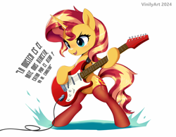 Size: 2340x1823 | Tagged: safe, alternate version, artist:vinilyart, sunset shimmer, pony, unicorn, g4, bipedal, clothes, electric guitar, female, guitar, high res, horn, mare, musical instrument, open mouth, open smile, signature, simple background, smiling, socks, solo, spanish, stockings, sunset shredder, text, thigh highs, translated in the description, white background