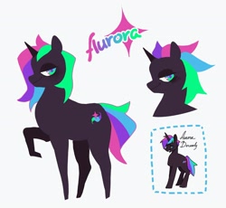 Size: 2560x2351 | Tagged: safe, artist:kuroikamome, oc, oc only, oc:aurora (kuroikamome), unicorn, ambiguous gender, brown coat, colored horn, horn, lidded eyes, looking back, multicolored eyes, multicolored mane, multicolored tail, profile, rainbow text, raised hoof, reference sheet, simple background, solo, standing, tail, unicorn oc, white background, wingding eyes