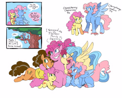 Size: 3750x3000 | Tagged: safe, artist:overlordneon, cheese sandwich, li'l cheese, pinkie pie, princess skystar, oc, oc:cherrychanga chadwick pie, earth pony, hippogriff, hybrid, pony, g4, baby, baby pony, bisexual female, female, group hug, half-siblings, holding a pony, hug, interspecies offspring, lesbian, magical lesbian spawn, male, mare, offspring, parent:pinkie pie, parent:princess skystar, parents:skypie, polyamory, ship:cheesepie, ship:skypie, shipping, simple background, stallion, straight, tree, white background