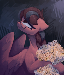 Size: 3000x3500 | Tagged: safe, artist:anastas, oc, oc only, oc:july red pencil, pegasus, pony, abstract background, bouquet, bouquet of flowers, bust, eyelashes, female, floppy ears, flower, gift art, glasses, looking up, mare, pegasus oc, pigtails, portrait, sitting, smiling, solo, spread wings, sternocleidomastoid, tail, two toned mane, two toned tail, wings