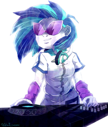 Size: 765x900 | Tagged: safe, artist:daleeny, dj pon-3, vinyl scratch, human, equestria girls, g4, female, headphones, simple background, solo, turntable, white background
