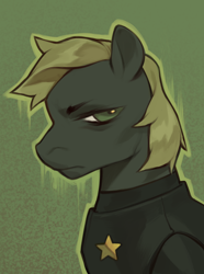 Size: 1560x2100 | Tagged: safe, artist:kuroikamome, part of a set, oc, oc:grim star, earth pony, pony, fallout equestria, bags under eyes, blonde mane, bust, clothes, earth pony oc, frown, gray coat, green eyes, lidded eyes, looking back, male, narrowed eyes, portrait, profile, sheriff, sheriff's badge, solo, uniform, wingding eyes, yellow mane