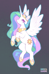 Size: 689x1033 | Tagged: safe, artist:kuroikamome, princess celestia, alicorn, pony, g4, crown, ear fluff, eyeshadow, female, flying, gradient background, hoof shoes, horn, jewelry, lidded eyes, long horn, looking back, makeup, mare, multicolored mane, multicolored tail, outline, peytral, pink eyes, princess shoes, profile, rainbow text, raised hooves, regalia, signature, smiling, solo, spread wings, tail, tiara, wavy mane, wavy tail, white coat, wing fluff, wingding eyes, wings