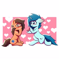 Size: 3484x3484 | Tagged: safe, artist:harukiicat, oc, oc only, oc:robertapuddin, earth pony, pony, unicorn, blushing, duo, female, heart, horn, lesbian, marriage proposal, shy, simple background, sitting, surprised