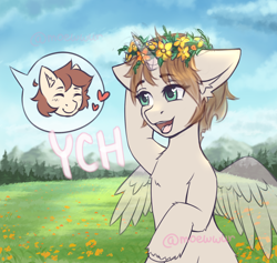 Size: 1900x1800 | Tagged: safe, artist:moewwur, artist:rin-mandarin, oc, oc only, earth pony, pegasus, pony, unicorn, any race, bipedal, blushing, chest fluff, cloud, commission, couple, ear fluff, eyes closed, field, floral head wreath, flower, forest, heart, horn, mountain, nature, open mouth, smiling, solo, tree, unshorn fetlocks, wings, wreath, your character here