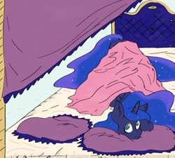 Size: 2560x2304 | Tagged: safe, artist:ponny, princess luna, alicorn, pony, g4, bed, blanket, colored, cute, in bed, lunabetes, lying down, pillow, solo