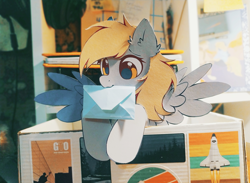 Size: 3938x2889 | Tagged: safe, artist:mirtash, derpy hooves, pegasus, pony, g4, ask, craft, cute, ear fluff, female, half body, letter, mare, mlp art ask (ru), mouth hold, papercraft, photo, solo, spread wings, wings