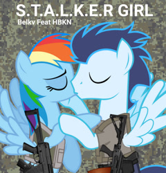 Size: 749x780 | Tagged: safe, artist:bobthelurker, artist:edy_january, rainbow dash, soarin', pegasus, pony, g4, aek 971s, aks-74u, album, album cover, armor, assault rifle, body armor, camouflage, clothes, eyes closed, female, glock 17, gun, handgun, hardbass, kiss on the lips, kissing, m1911, male, mare, military, music, pistol, rifle, ship:soarindash, shipping, simple background, soldier, soldier pony, song, stalker, stallion, straight, tactical, tactical vest, vector used, vest, weapon