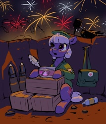 Size: 1567x1834 | Tagged: safe, artist:escapist, oc, oc only, oc:natrix capefiv, barbed wire, clothes, fireworks, hat, night, tin can