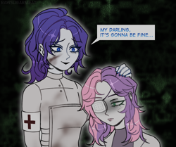 Size: 3000x2508 | Tagged: safe, artist:rawsugarmeat, rarity, sweetie belle, human, g4, alternate hairstyle, alternate universe, clothes, coat, crying, dirt, duo, duo female, eye scar, eyepatch, facial scar, female, humanized, infection au, lab coat, nail polish, older, older sweetie belle, red cross, sad, scar, siblings, sisters, sweater, virus