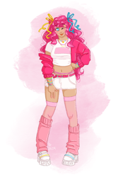 Size: 1640x2360 | Tagged: safe, artist:labrony12, pinkie pie, human, g4, :p, alternate hairstyle, belly button, belt, bracelet, clothes, female, hoodie, humanized, jewelry, leg warmers, midriff, one eye closed, shirt, shoes, shorts, sneakers, socks, solo, stockings, t-shirt, thigh highs, tongue out, wink