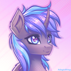 Size: 2000x2000 | Tagged: safe, artist:adagiostring, oc, oc only, alicorn, abstract background, blue eyes, blue mane, bust, commission, cute, gray coat, headshot commission, looking forward, male, portrait, simple background, solo, stallion, stallion oc