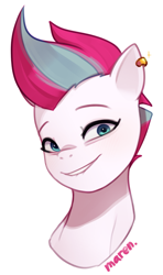Size: 1475x2496 | Tagged: safe, artist:maren, zipp storm, pegasus, pony, g5, adorazipp, bust, cute, ear piercing, earring, female, grin, jewelry, lip bite, mare, piercing, simple background, smiling, solo, white background