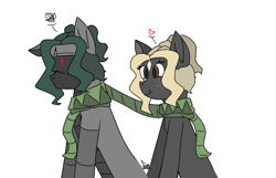 Size: 719x462 | Tagged: safe, artist:thomas.senko, oc, oc:black betty, oc:thomas senko, cyborg, cyclops, earth pony, pony, robot, robot pony, clothes, cute, dark skin, duo, duo male and female, female, female oc, gray, happy, male, mare, mare oc, red eyes, scarf, shared clothing, shared scarf, simple background, sitting, stallion, stallion oc, white background