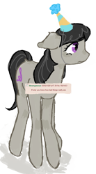 Size: 929x1689 | Tagged: safe, artist:youssoupoff, octavia melody, earth pony, pony, g4, 4chan, female, floppy ears, hat, mare, party hat, ponified animal photo, requested art, simple background, solo, tail, white background
