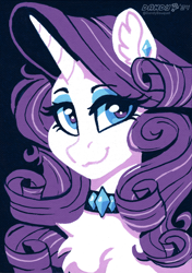 Size: 2936x4159 | Tagged: safe, artist:dandy, rarity, pony, unicorn, g4, acrylic painting, alternate hairstyle, bust, chest fluff, choker, ear fluff, ear piercing, eyeshadow, female, high res, horn, limited palette, looking at you, makeup, mare, piercing, portrait, smiling, solo, traditional art