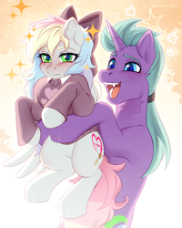 Size: 700x875 | Tagged: safe, artist:fenwaru, oc, oc only, oc:blazey sketch, pegasus, pony, unicorn, blushing, bow, clothes, duo, hair bow, holding a pony, horn, short, smol, sweater