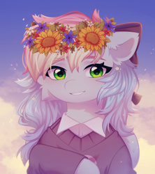 Size: 1920x2159 | Tagged: safe, artist:floweryoutoday, oc, oc only, oc:blazey sketch, pegasus, bow, clothes, floral head wreath, flower, hair bow, multicolored hair, smiling, solo, sweater