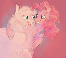 Size: 1700x1500 | Tagged: dead source, safe, artist:abbytabbys, pinkie pie, oc, oc:fluffle puff, earth pony, pony, g4, blue eyes, blushing, canon x oc, colored eyebrows, colored hooves, colored pinnae, crack shipping, curly mane, ear fluff, earth pony oc, eyebrows, eyebrows visible through hair, fangs, female, fluffy, gradient background, heart, hoof around neck, lesbian, looking at each other, looking at someone, mare, open mouth, open smile, pink coat, pink mane, shipping, smiling, smiling at each other, sparkles, teeth, unshorn fetlocks, wingding eyes