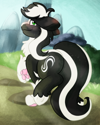 Size: 2000x2500 | Tagged: safe, artist:euspuche, oc, oc only, oc:zenawa skunkpony, earth pony, hybrid, skunk, skunk pony, blushing, claws, countershading, covering, dirt road, earth pony oc, floppy ears, frog (hoof), hoofbutt, hybrid oc, looking at you, looking back, looking back at you, male, outdoors, pale belly, paw pads, paws, raised hoof, rear view, seductive, seductive look, smiling, smiling at you, solo, stallion, strategically covered, tail, tail censor, tail covering, underhoof, walking