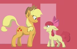 Size: 2000x1274 | Tagged: safe, artist:draoicat, apple bloom, applejack, earth pony, pony, g4, abstract background, apple sisters, female, filly, foal, looking at each other, looking at someone, mare, open mouth, siblings, sisters, smiling, smiling at each other