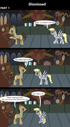 Size: 1920x3516 | Tagged: safe, artist:platinumdrop, derpy hooves, doctor whooves, time turner, earth pony, pegasus, pony, comic:dismissed, g4, 3 panel comic, alternate timeline, bowtie, comic, commission, dialogue, doctor whooves' lab, duo, duo male and female, female, happy, indoors, lab, laboratory, looking at each other, looking at someone, machine, machinery, male, mare, open mouth, open smile, sitting, smiling, speech bubble, spread wings, stallion, talking, this will not end well, wings