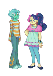 Size: 836x1200 | Tagged: safe, artist:chunkysoup22, bon bon, lyra heartstrings, sweetie drops, human, equestria girls, g4, chubby, diverse body types, duo, humanized, long, looking at each other, looking at someone, no pupils, pony coloring, short hair, simple background, skinny, smiling, thin, white background